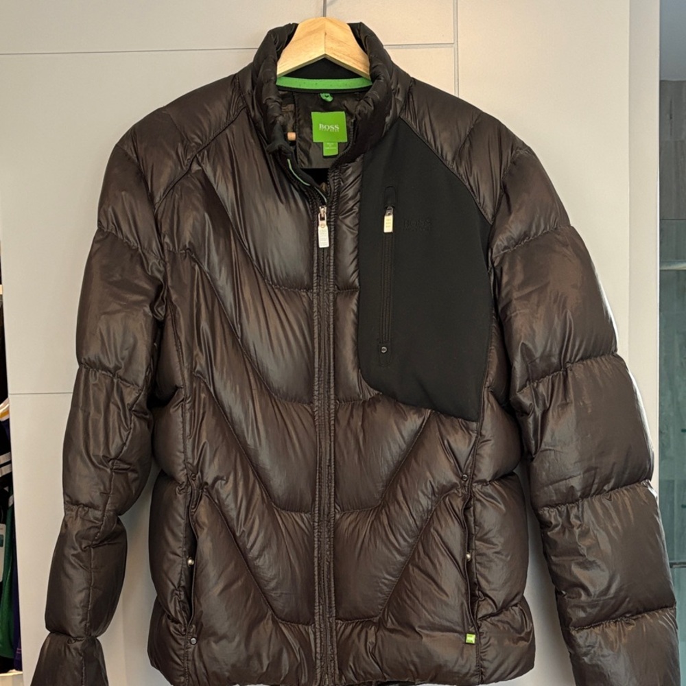 Hugo Boss Dark Brown Puffer Jacket with Black Chest Panel